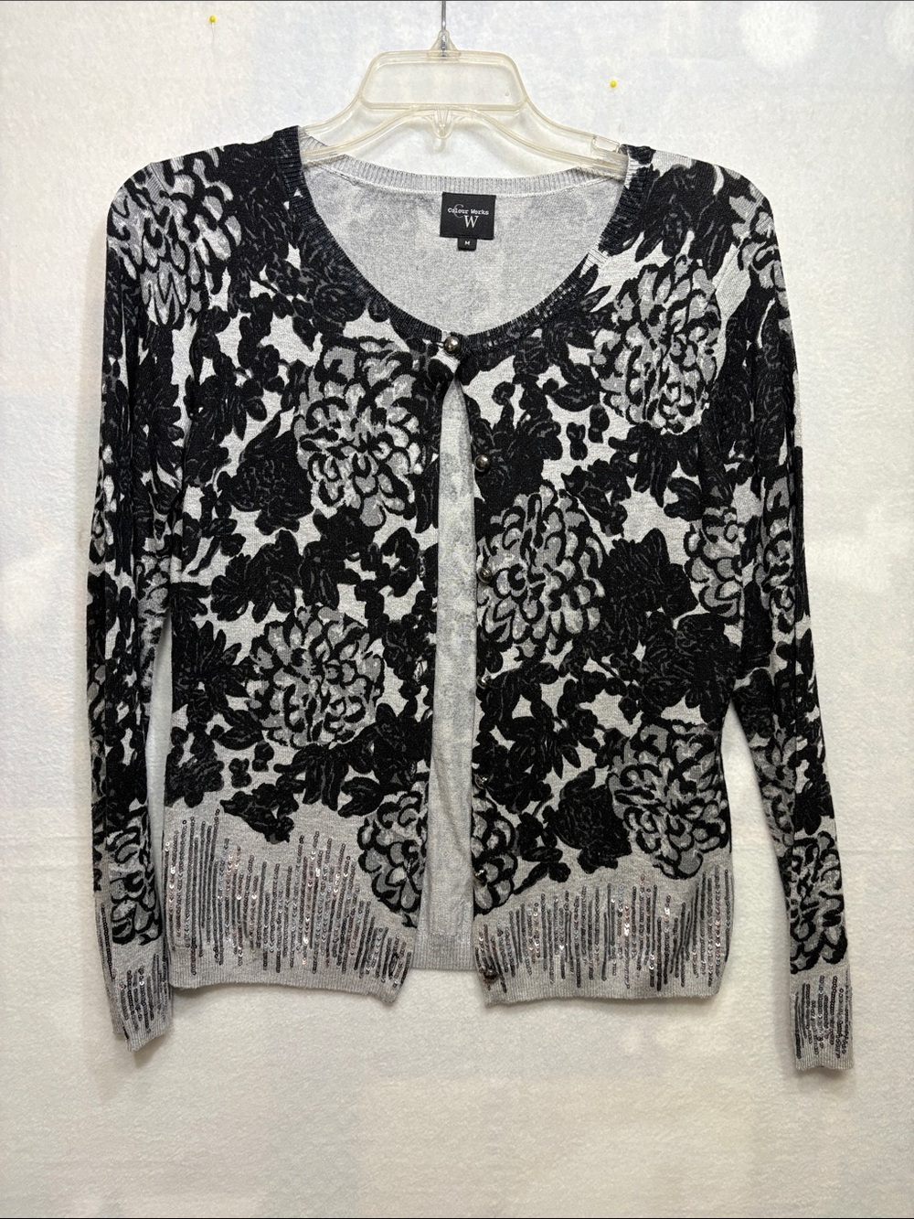 Colour Works Black & Gray Floral Sequin-Hem Cardigan NWOT Size Medium